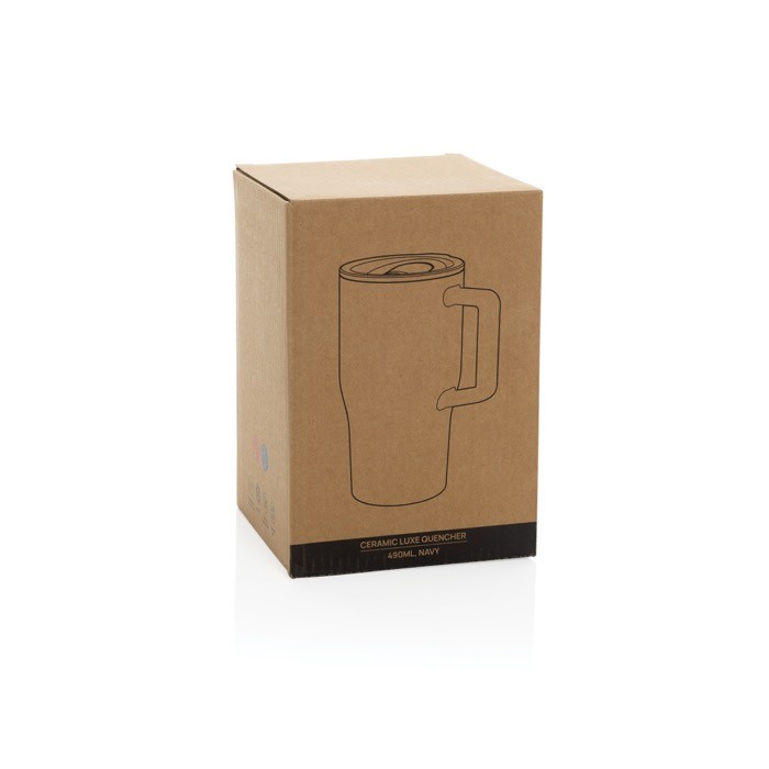 Taza premium de cerámica con asa ergonómica y tapa antigoteo 490 ml color azul marino segunda vista con caja