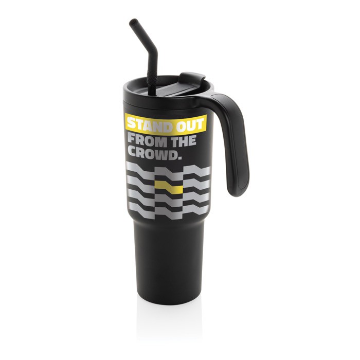 Vaso térmico de acero inoxidable reciclado antigoteo de 900ml color negro vista con logo