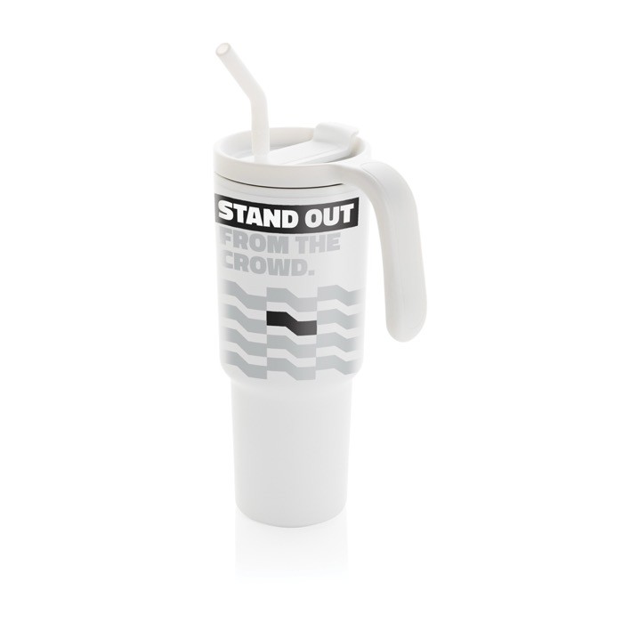 Vaso térmico de acero inoxidable reciclado antigoteo de 900ml color blanco vista con logo