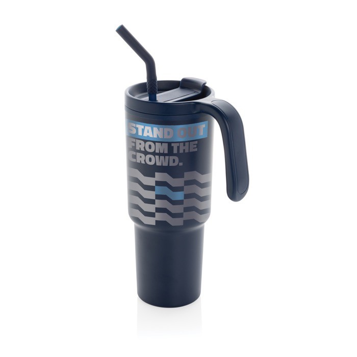 Vaso térmico de acero inoxidable reciclado antigoteo de 900ml color azul marino vista con logo