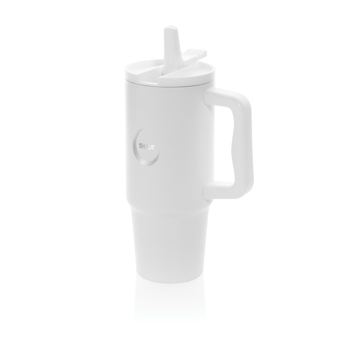 Vaso de acero reciclado con boquilla abatible y tapa de rosca 900 ml color blanco vista con logo
