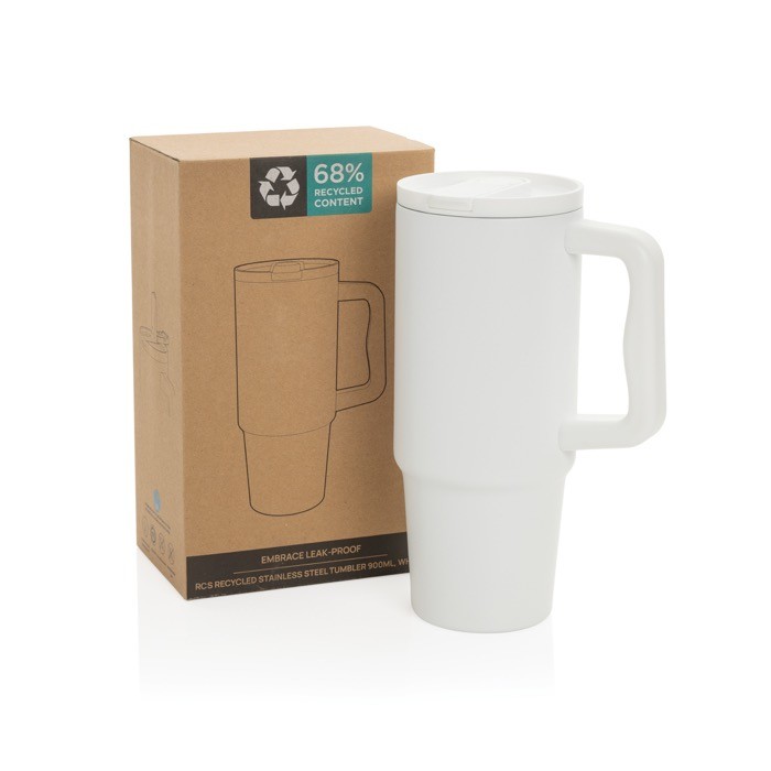 Vaso de acero reciclado con boquilla abatible y tapa de rosca 900 ml color blanco vista con caja