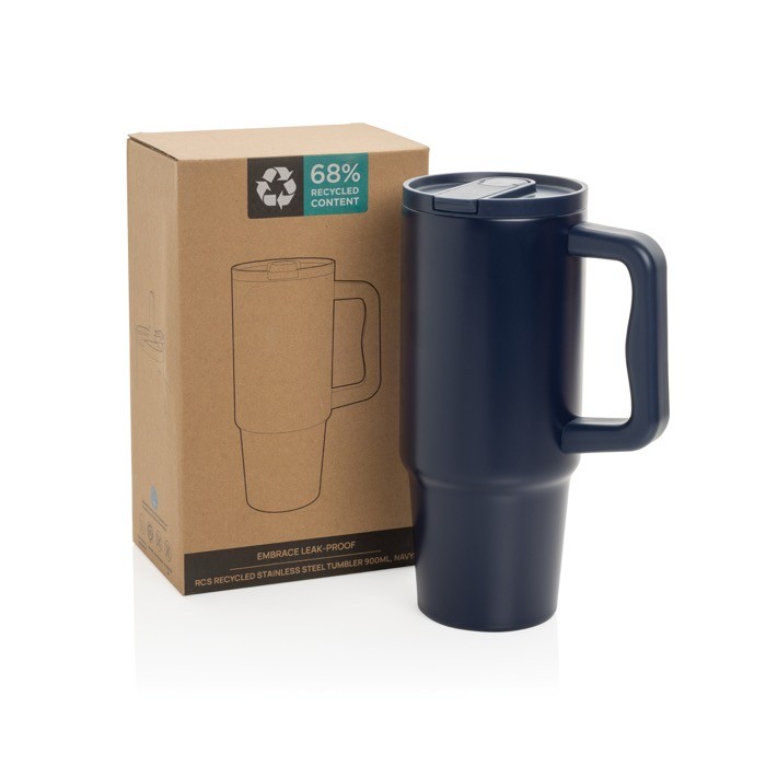 Vaso de acero reciclado con boquilla abatible y tapa de rosca 900 ml color azul marino vista con caja