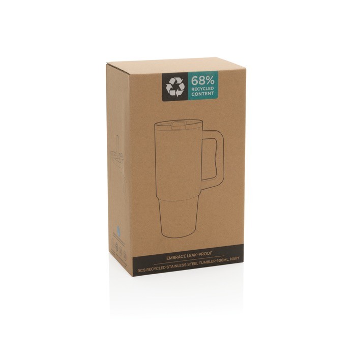 Vaso de acero reciclado con boquilla abatible y tapa de rosca 900 ml color azul marino segunda vista con caja