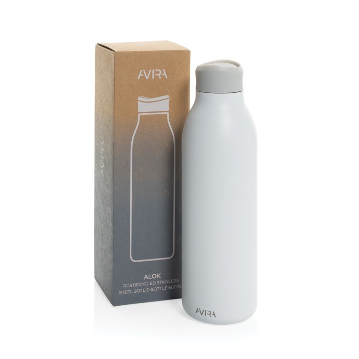 Botella ecológica con experiencia de bebida 360° 600 ml Avira Alok color blanco vista con caja