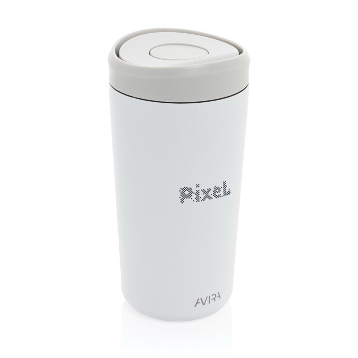 Taza térmica take away ecológica con tapa de clic 400 ml Avira Alix color blanco vista con logo
