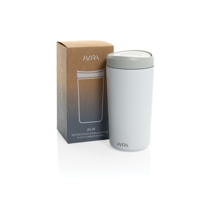 Taza térmica take away ecológica con tapa de clic 400 ml Avira Alix color blanco vista con caja