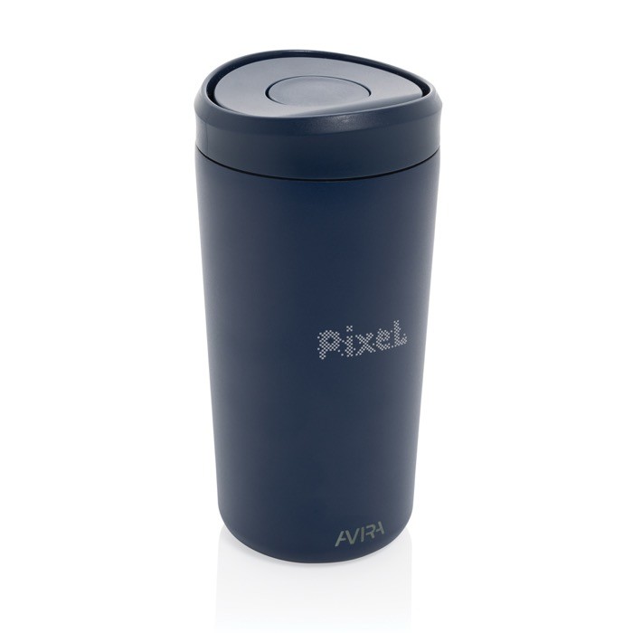Taza térmica take away ecológica con tapa de clic 400 ml Avira Alix color azul marino vista con logo