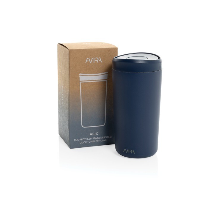 Taza térmica take away ecológica con tapa de clic 400 ml Avira Alix color azul marino vista con caja