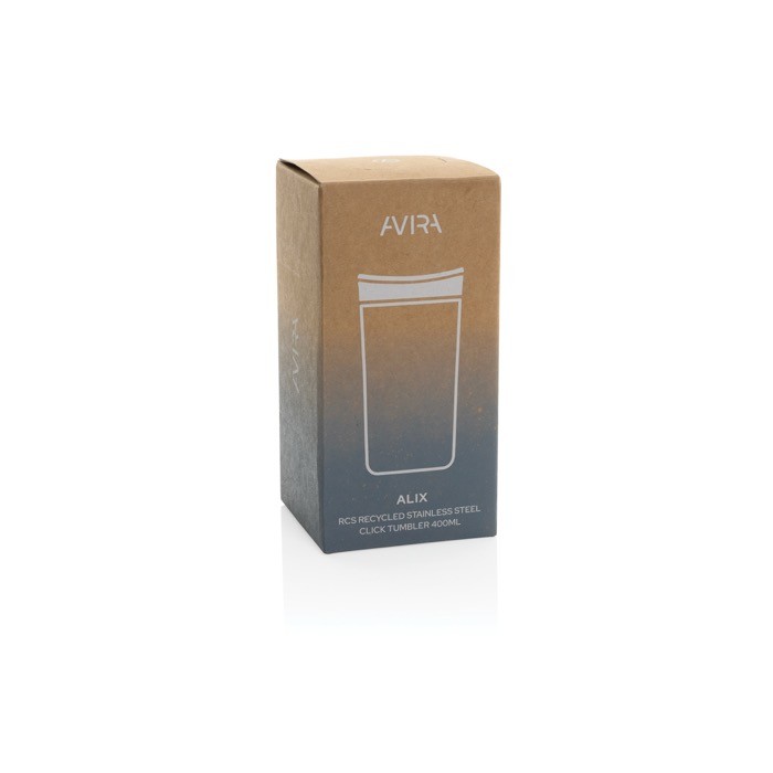 Taza térmica take away ecológica con tapa de clic 400 ml Avira Alix color azul marino segunda vista con caja