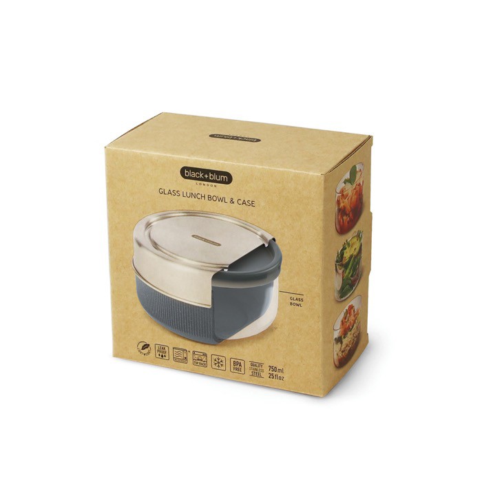 Bowl de vidrio con tapa de silicona antigoteo Black+Blum 750ml color plateado vista con caja Bowl de vidrio con tapa de silicona antigoteo Black+Blum 750ml color plateado vista con caja