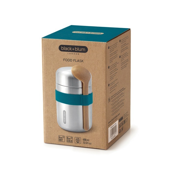 Frasco térmico de acero inoxidable con antigoteo Black+Blum 400ml color turquesa vista con caja