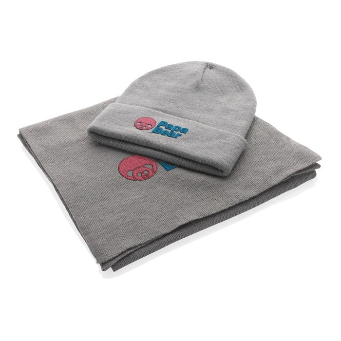 Bufanda acrílica de Polylana® de estilo elegante y sofisticado color gris vista con logo