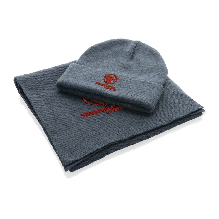 Bufanda acrílica de Polylana® de estilo elegante y sofisticado color azul grisáceo vista con logo