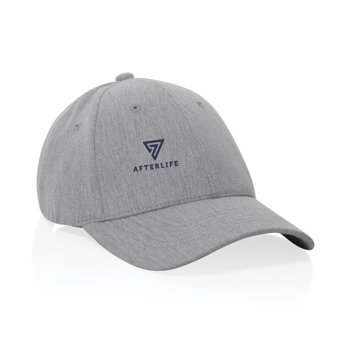 Gorra de algodón reciclado 6 paneles con tejido jaspeado 200 g/m2 color gris vista con logo