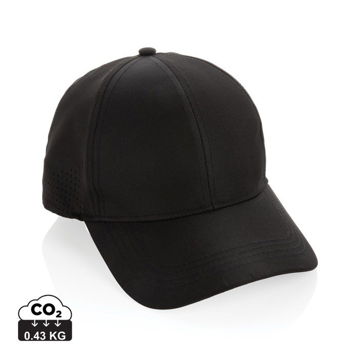 Gorra deportiva de RPET con 6 paneles y ajuste trasero de hebilla color negro