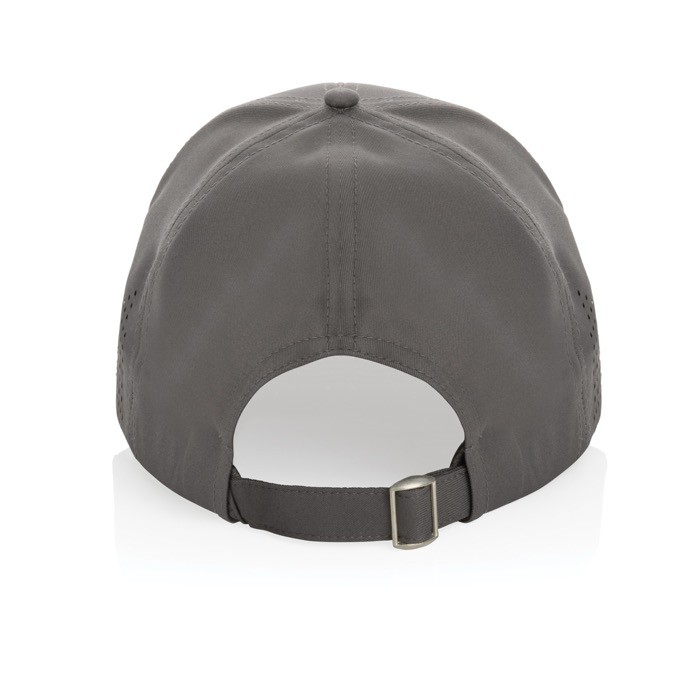 Gorra deportiva de RPET con 6 paneles y ajuste trasero de hebilla color gris tercera vista