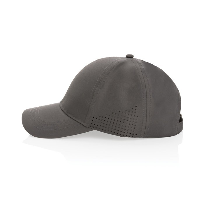 Gorra deportiva de RPET con 6 paneles y ajuste trasero de hebilla color gris cuarta vista