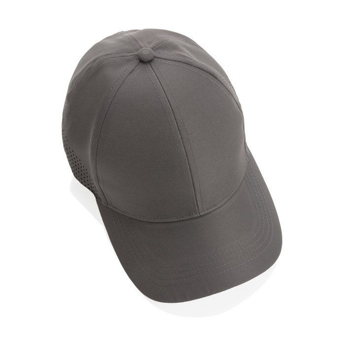 Gorra deportiva de RPET con 6 paneles y ajuste trasero de hebilla color gris sexta vista