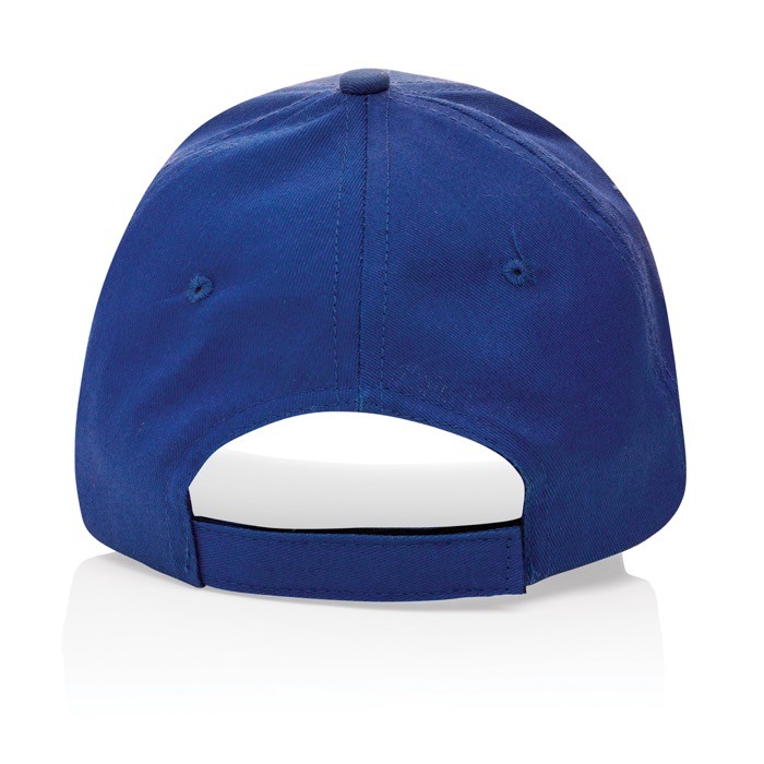 Gorra de algodón reciclado 6 paneles con cierre de velcro 190 g/m2 color azul cuarta vista