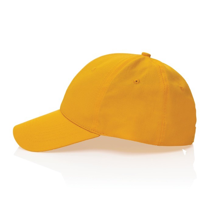 Gorra de algodón reciclado 6 paneles con cierre de velcro 190 g/m2 color amarillo tercera vista