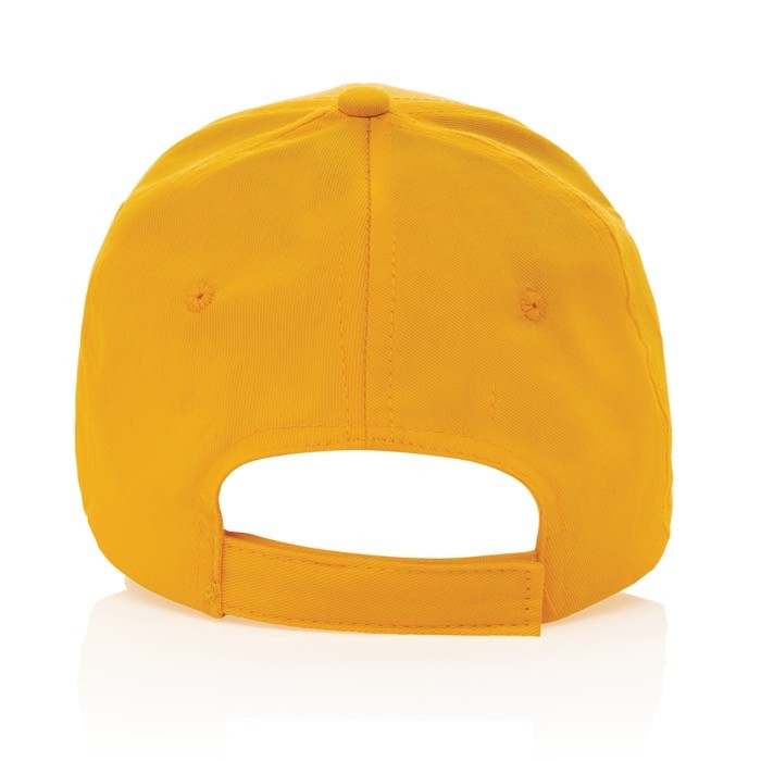 Gorra de algodón reciclado 6 paneles con cierre de velcro 190 g/m2 color amarillo cuarta vista