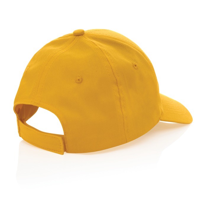 Gorra de algodón reciclado 6 paneles con cierre de velcro 190 g/m2 color amarillo quinta vista