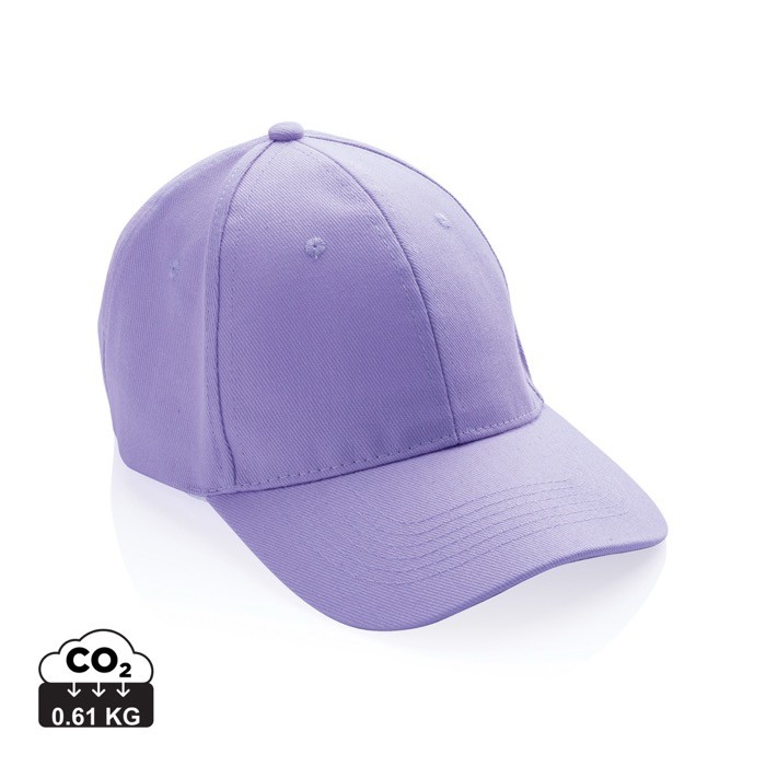 Gorra de algodón reciclado de 6 paneles y trazador AWARE™ 280 g/m2 color lila