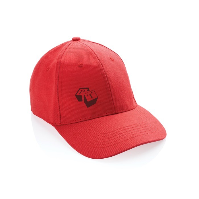 Gorra de algodón reciclado de 6 paneles y trazador AWARE™ 280 g/m2 color rojo vista con logo