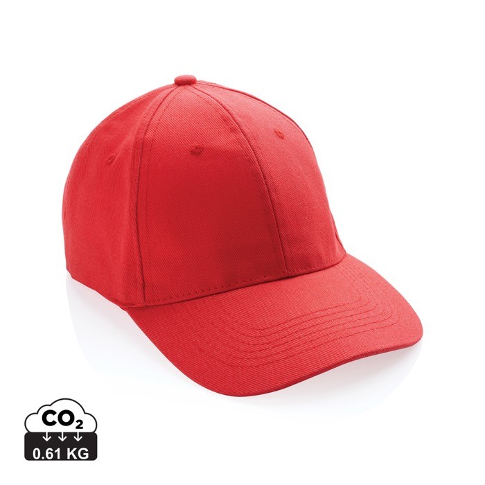 Gorra de algodón reciclado de 6 paneles y trazador AWARE™ 280 g/m2 color rojo