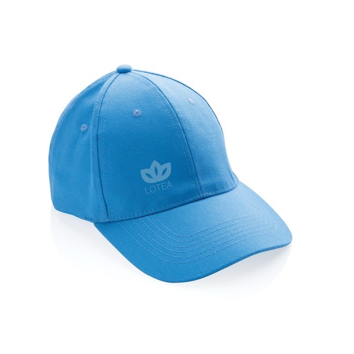 Gorra de algodón reciclado de 6 paneles y trazador AWARE™ 280 g/m2 color azul claro vista con logo