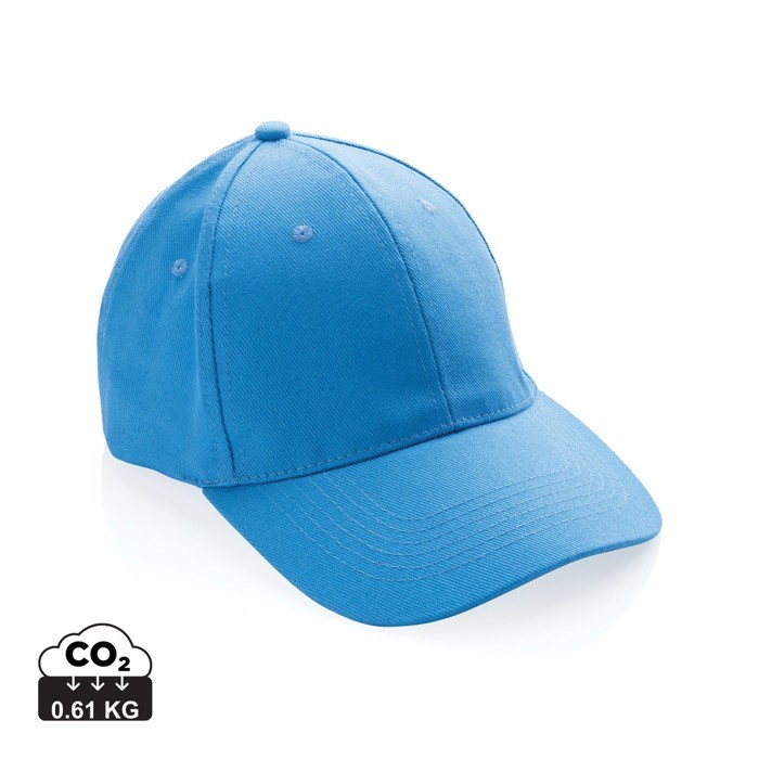 Gorra de algodón reciclado de 6 paneles y trazador AWARE™ 280 g/m2 color azul claro