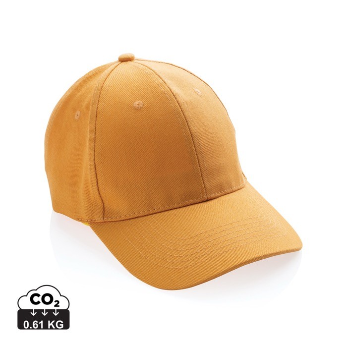 Gorra de algodón reciclado de 6 paneles y trazador AWARE™ 280 g/m2 color naranja
