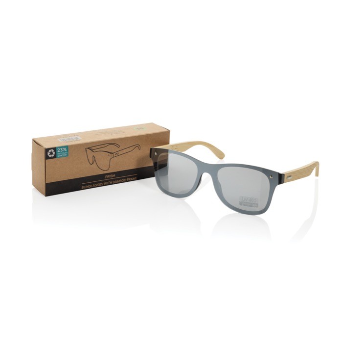 Gafas de sol eco con patillas de bambú y lentes espejo UV400 color marrón vista con caja