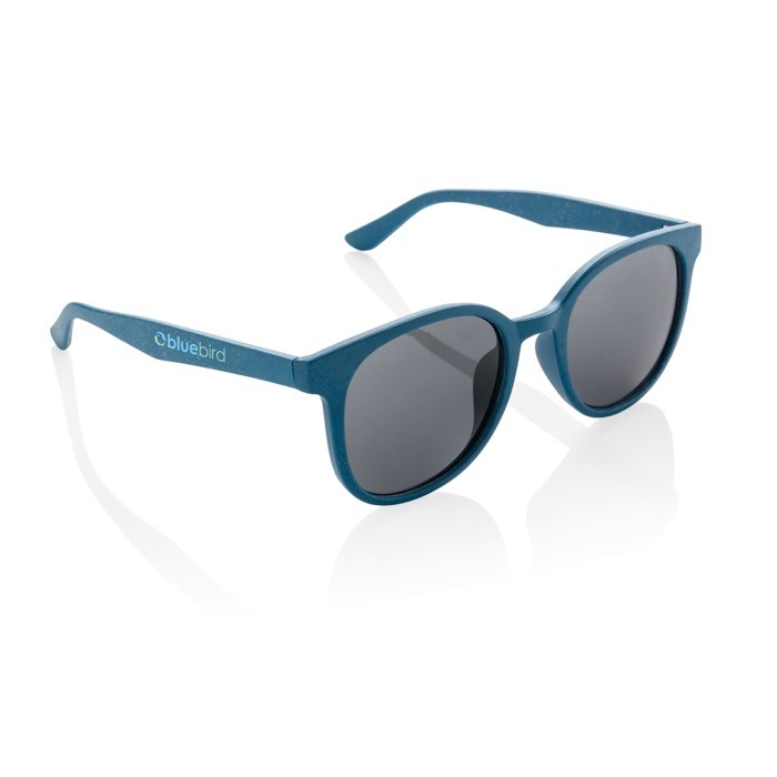 Gafas solares retro de fibra de paja de trigo y protección UV400 color azul vista con logo