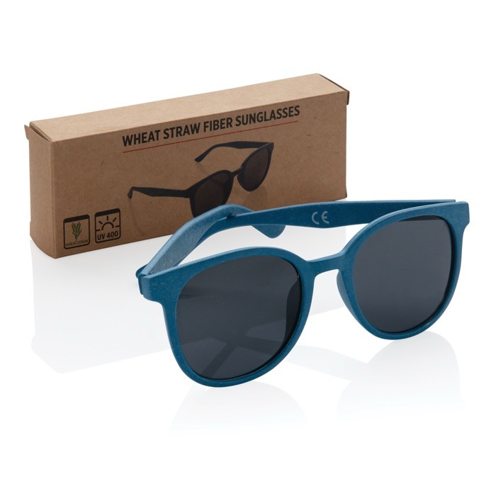 Gafas solares retro de fibra de paja de trigo y protección UV400 color azul vista con caja