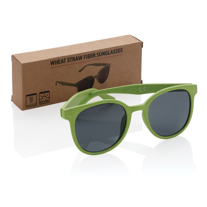 Gafas solares retro de fibra de paja de trigo y protección UV400 color verde vista con caja