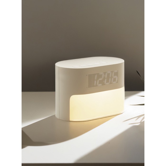 Reloj despertador eco con luz gradual y paisajes sonoros relajantes color beige vista de ambiente