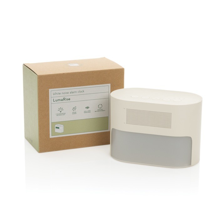 Reloj despertador eco con luz gradual y paisajes sonoros relajantes color beige vista con caja