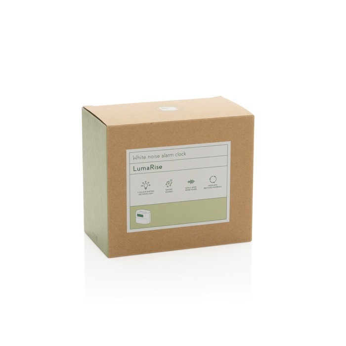 Reloj despertador eco con luz gradual y paisajes sonoros relajantes color beige segunda vista con caja