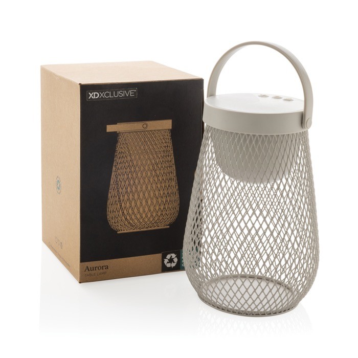 Lámpara de mesa de plástico reciclado con 3 modos de brillo IPX4 color gris vista con caja