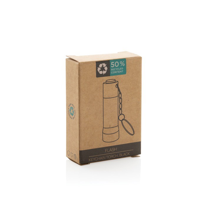 Llavero linterna de aluminio reciclado con LED y 15 lúmenes color negro segunda vista con caja