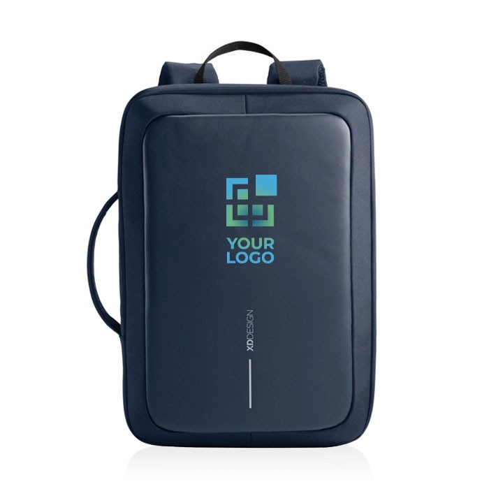 Mochila antirrobo de RPET que se convierte en maletín para PC 16” color azul marino vista de impresión