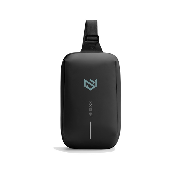 Bandolera cruzada multiusos con diseño antirrobo para tablet 8” color negro vista con logo