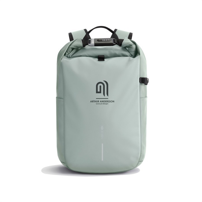 Mochila antirrobo resistente al agua capacidad 26L y PC 16'' color verde oliva vista con logo Mochila antirrobo resistente al agua capacidad 26L y PC 16'' color verde oliva vista con logo