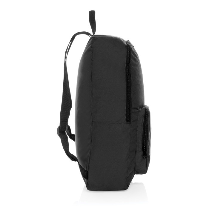 Mochila plegable de RPET ligera y con compartimento frontal color negro tercera vista Mochila plegable de RPET ligera y con compartimento frontal color negro tercera vista