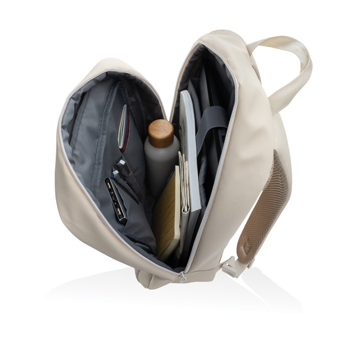 Mochila de RPET para PC con varios organizadores interiores 15,6” color beige quinta vista Mochila de RPET para PC con varios organizadores interiores 15,6” color beige quinta vista