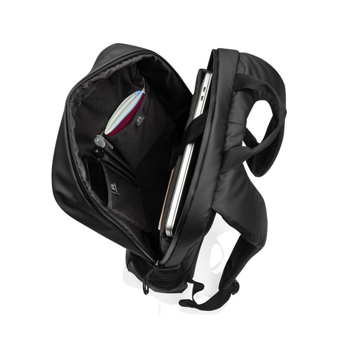 Mochila de RPET resistente al agua con bolsillo frontal PC 15,6” color negro séptima vista Mochila de RPET resistente al agua con bolsillo frontal PC 15,6” color negro séptima vista