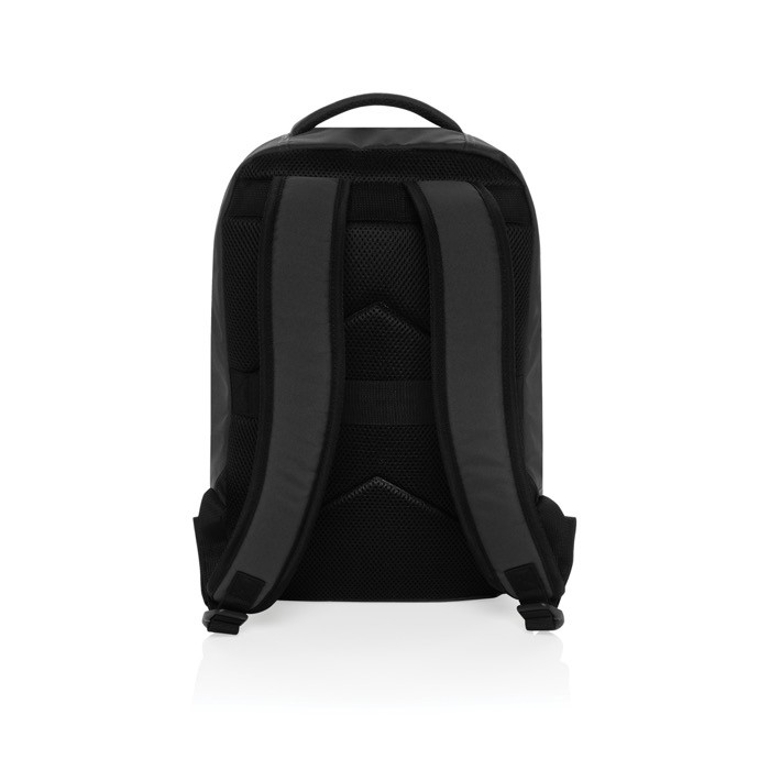 Mochila de RPET para viajar con capacidad para 19L y asa superior color negro cuarta vista