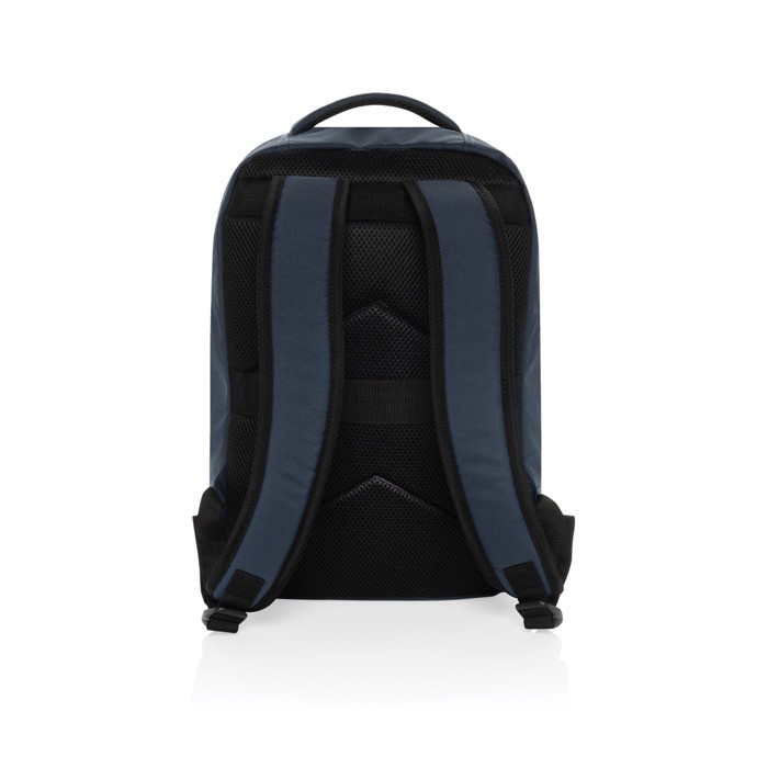 Mochila de RPET para viajar con capacidad para 19L y asa superior color azul marino cuarta vista